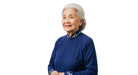 Smiling senior Asian woman gracefully wearing traditional blue attire isolated on transparent background symbolizing wisdom and happiness