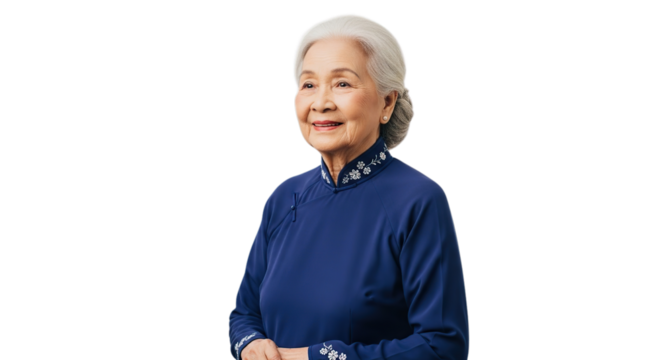 Smiling senior Asian woman gracefully wearing traditional blue attire isolated on transparent background symbolizing wisdom and happiness