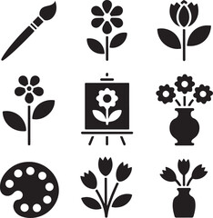 Flower icons, tulip plant, painting brush, art canvas, nature bloom, floral decoration