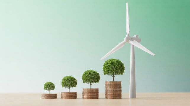 A miniature white wind turbine stands to the left of three stacks of copper coins, arranged in an increasing bar graph pattern.