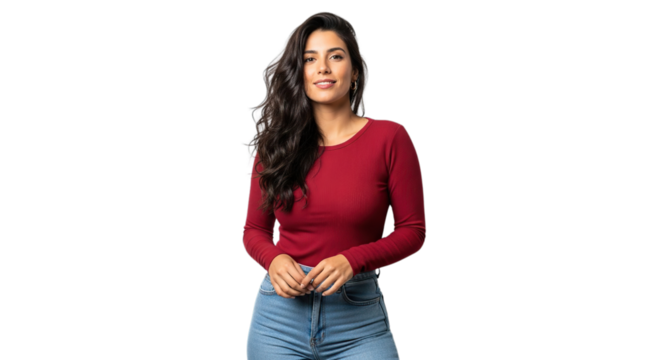 Happy confident young woman in casual attire smiling broadly looking at camera isolated on transparent background - Powered by Adobe