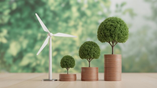 A miniature white wind turbine stands to the left of three stacks of copper coins, arranged in an increasing bar graph pattern. - Powered by Adobe