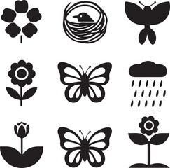 Nature icons, butterfly insect, bird nest, flower bloom, rain cloud, gardening plant