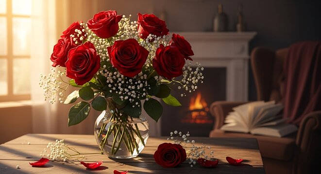 Red roses in a vase sit on a table near a fireplace and armchair.