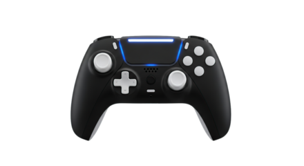 Sleek black professional video game controller glowing blue for immersive console gaming isolated on transparent background