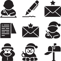 Writing icons, letter mail, envelope message, pen signature, mailbox post, author notes