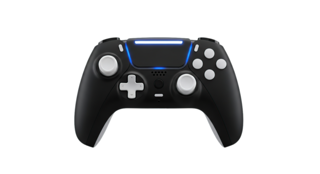 Sleek black professional video game controller glowing blue for immersive console gaming isolated on transparent background