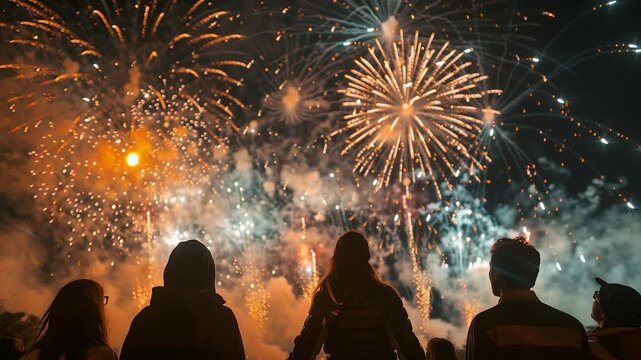 Grupo de pessoas assistindo fogos de artif&iacute;cio no c&eacute;u noturno, criando clima festivo, emocionante e celebrativo, ideal para eventos, r&eacute;veillon, comemora&ccedil;&otilde;es e momentos especiais