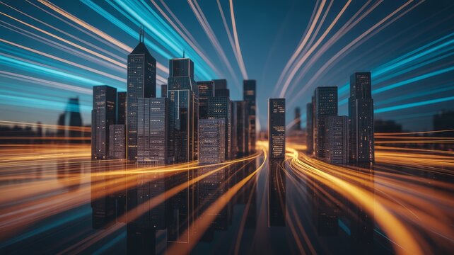 Modern city skyline composed of tall skyscrapers, surrounded by dynamic, glowing light trails.