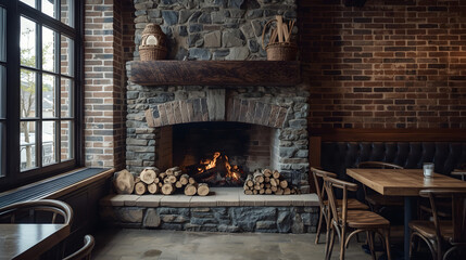 Rustic stone fireplace with burning logs and stacked firewood in cozy room with brick wall and dark wood furniture