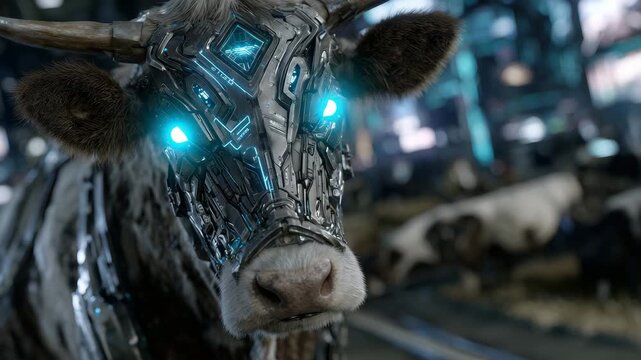Sci-fi close-up of a cybernetic bovine with luminous neon eyes, detailed metal plates and etched blue circuitry glowing softly, futuristic farm background filled with drones and ho