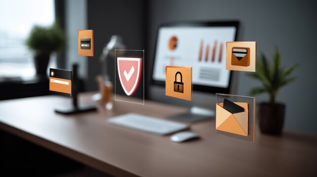 Cybersecurity measures modern office digital graphics workspace close-up data protection strategies
