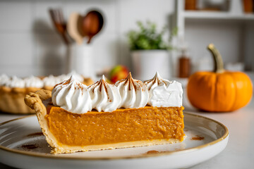 Slice of pumpkin pie with whipped cream swirls and a small pumpkin garnish