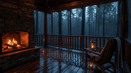 Cozy screened porch with stone fireplace, wooden rocking chair, and misty forest view at twilight