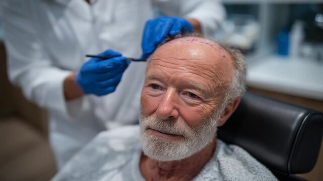 Senior man in chair, doctor marking donor and recipient areas on scalp with precision, blue gloves and pen highlighted, modern hair restoration procedure concept