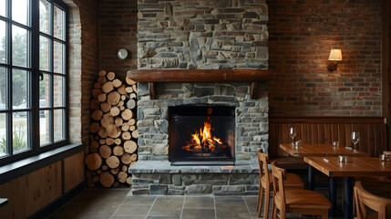 Rustic stone fireplace with burning wood in warm brick-walled restaurant interior