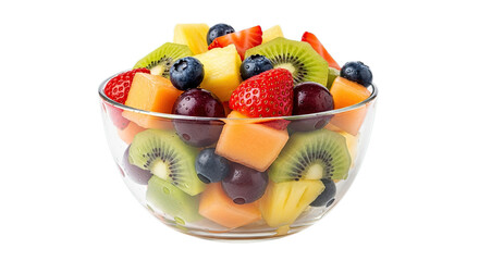 Delicious fresh fruit salad bowl with healthy nutritious berries and tropical fruits isolated on transparent background