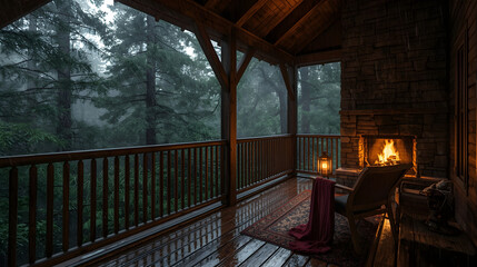 Rainy day porch with glowing fireplace, wooden beams, and forest view