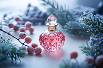 A pink perfume bottle sits among frosted pine branches and berries