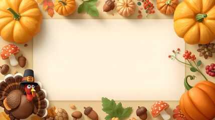 Autumnal Thanksgiving Frame with Miniature Pumpkins, Turkey Figurine, and Fall Leaves on Beige Background