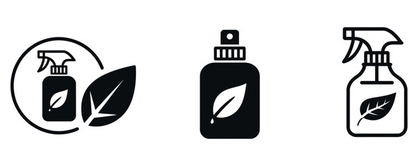 Discover eco friendly cleaning with these minimalist spray bottle icons showcasing natural ingredients and sustainable practices, perfect for organic product branding and green living campaigns