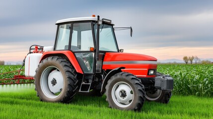 Fototapeta premium Tractor spraying crops agricultural field machinery rural landscape ground level farming techniques