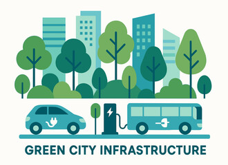 Fototapeta premium Green city infrastructure with electric vehicles and urban trees