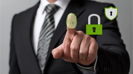 Modern workplace businessman adopts fingerprint authentication for enhanced digital security