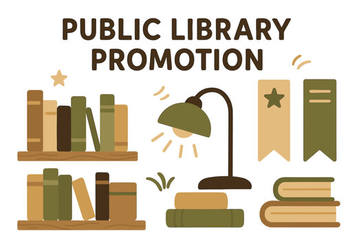 Public library promotion: books, lamp, and bookmark design elements