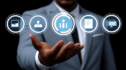 Corporate office innovation businessman highlights data analysis tools and digital media