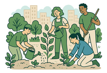 Diverse group gardening in urban park: teamwork and nature care