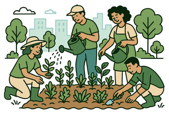 Diverse group gardening together in urban community garden