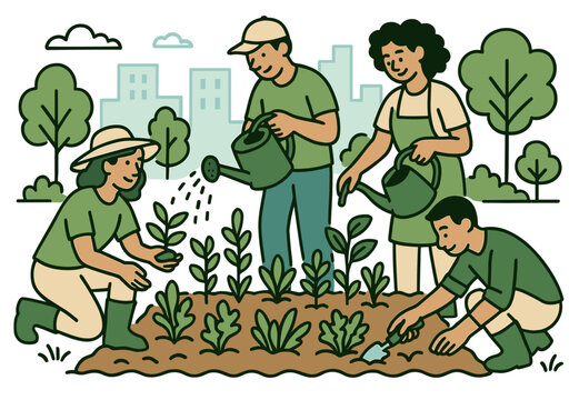 Diverse group gardening together in urban community garden