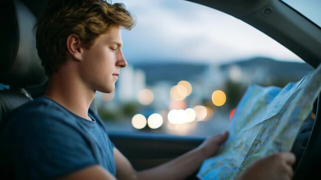 Side view of man examining folded map while seated in car, city streets ahead slightly blurred, casual road trip ambiance, steering wheel and interior partially visible