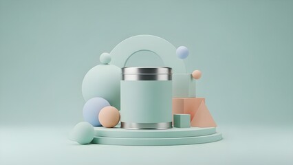 Mint tin can with geometric props, luxury pastel setup