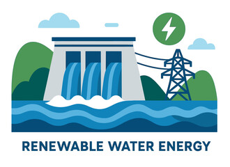 Hydropower dam and electric tower: renewable water energy illustration