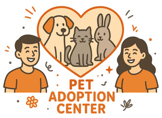 Happy young adults at pet adoption center with dogs, cat, and rabbit