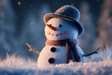 Cozy cheerful snowman with scarf and hat in snow covered forest under winter light magical holiday scene snowman on the snow