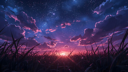 Crimson sunset sky with pink clouds and silhouette grass field at dusk