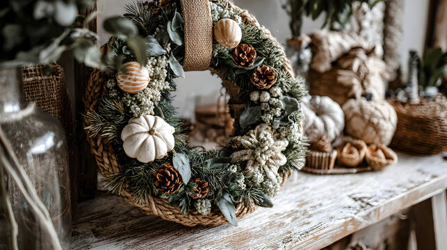 Rustic farmhouse Christmas theme with wreath greenery, jute textures and wooden ornaments on whitewashed table 
