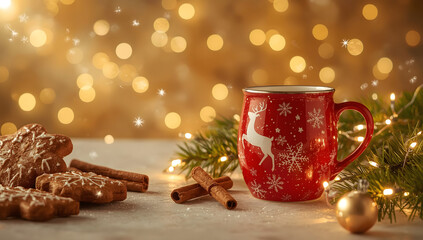 Red reindeer mug with gingerbread star cookies and cinnamon sticks on white surface with golden bokeh lights