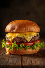 Gourmet Cheeseburger with Melted Yellow Cheddar and Fresh Green Lettuce on Rustic Wooden Planks