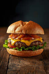 Gourmet cheeseburger with melted cheddar, red tomatoes, and caramelized onions on rustic wooden table