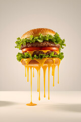 Double cheeseburger with melted cheddar cheese dripping down, lettuce, and tomato on a sesame seed bun against a creamy background