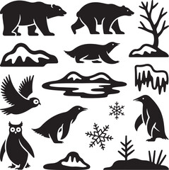 Obraz premium Black and White Winter Animals and Landscape Elements Vector Illustration