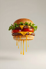 Double cheeseburger with melted cheddar cheese, lettuce, and tomato on a light gray background