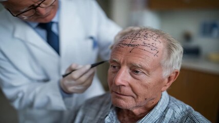 Side-view of senior male patient with thinning hair, doctor using surgical pen to draw hair transplant pattern, focus on detailed markings and clinical professionalism - Powered by Adobe