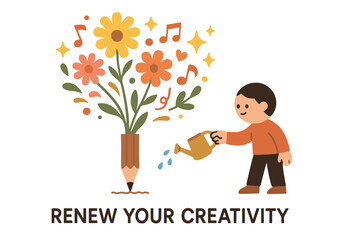 Cartoon child watering pencil flower, inspiring creativity and growth