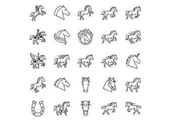 25 Vector Horse Icons: Equestrian Line Art Collection, Black and White Horse Silhouette & Line Icons Pack, Unique Equine Symbols: Minimalist Vector Icon Set