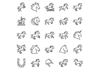 25 Vector Horse Icons: Equestrian Line Art Collection, Black and White Horse Silhouette & Line Icons Pack, Unique Equine Symbols: Minimalist Vector Icon Set